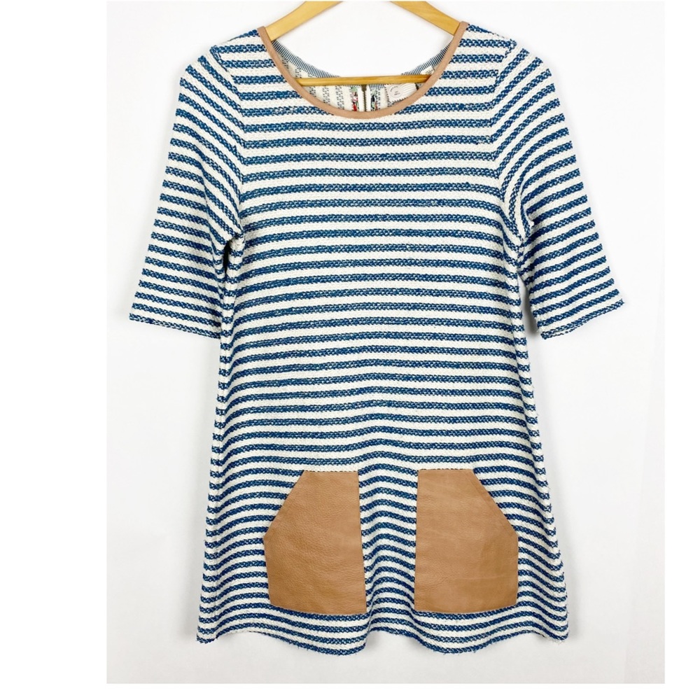 Anthropologie Blue and White Striped Mini Dress with Tan Pockets